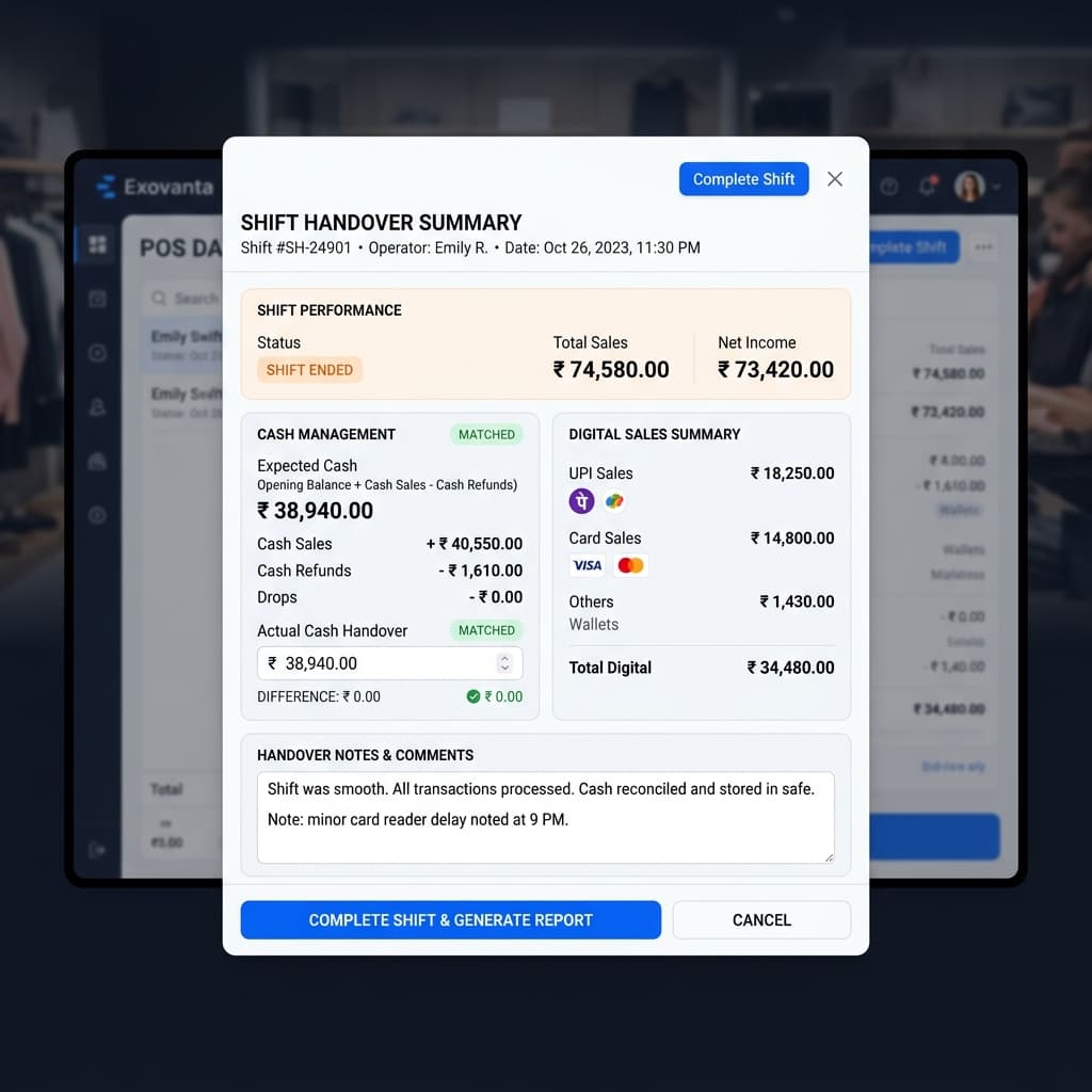 Exovanta POS Cash Management & Shift Handover